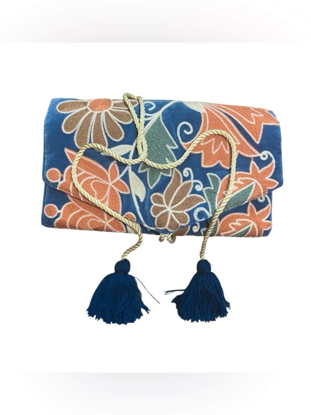 Rahab's Rope Blue and Orange Velvet Tassel Roll Up Travel Jewelry Organizer